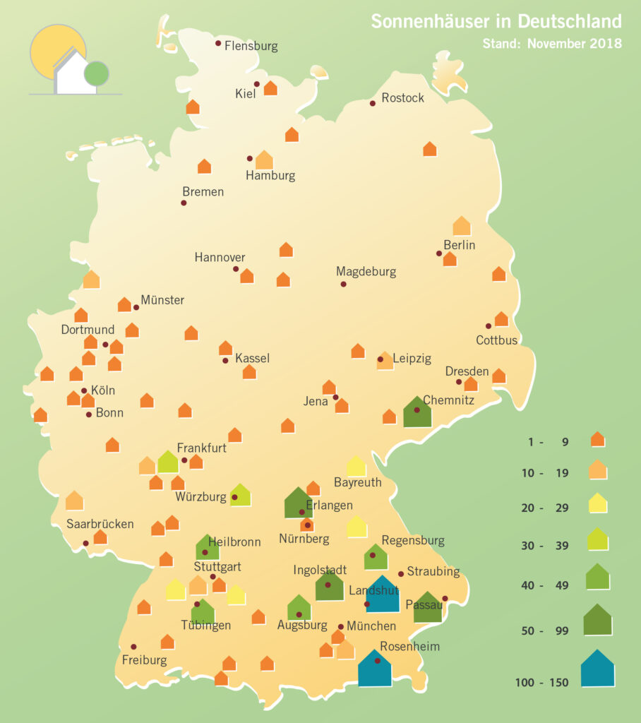 Deutschandkarte mit Verteilung der bereits gebauten Sonnenhäuser.