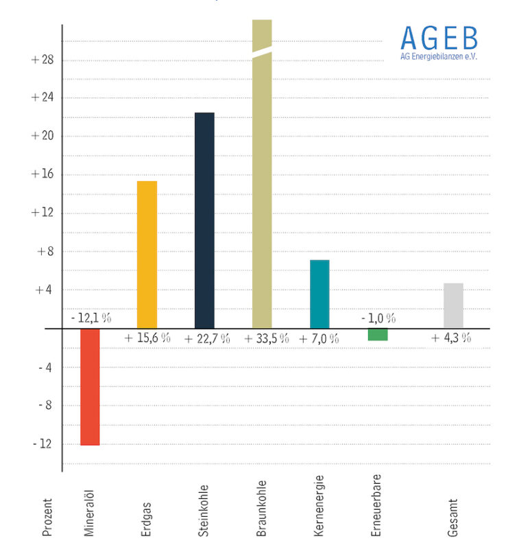 Balkendiagramm zum Energiemix der ersten Jahreshälfte 2021 - Energieträger im Vergleich zum Vorjahreszeitraum