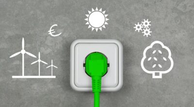 Im Bild ein grüner Stecker in Steckdose, der neue Stichtag für Stromkennzeichnung ist an 2025 der 1. Juli.