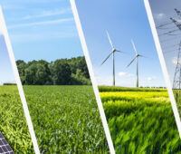 Viergeteiltes Bild: PV-Module, Biomasse, Windkraft, Strommast