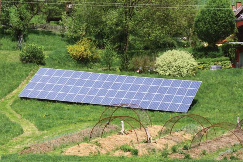 Aufgeständerte Photovoltaikanlage - Garten-PV- mit Gemüsebeeten im Vordergrund