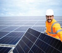 Ein Handwerker installiert ein Photovoltaikmodul für eine größere - gewerbliche - Anlage. Mieterstrom ist nun auch für das Gewerbe möglich.