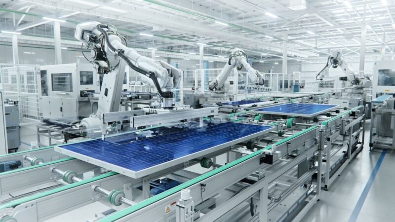 PV-Module in Fertigungslinie mit Roboterarmen - Fertigung in der EU ist ein Ziel des NZIA