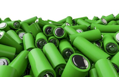 Ein Haufen grüne Batterien als Symbol für umweltfreundliche Batterie-Technologien.