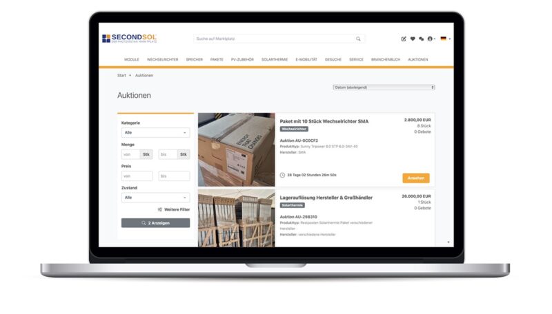 Im Bild ein Bildschirm, der den Auktionskanal von Secondsol zeigt.