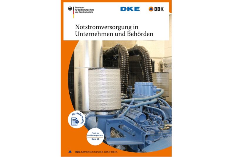 Im Bild das Cover des Leitfadens Notstromversorgung in Unternehmen und Behörden.