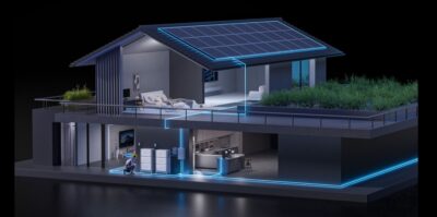 Im Bild eine Grafik eines Hauses mit Solaranlage, Bluetti entwickelt einen Solarziegel.