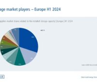 Im Bild ein Tortendiagramm mit den anonymisierten Marktanteilen der Speicherhersteller in Europa im 1. Halbjahr 2024, BYD ist Marktführer für PV-Speicher.