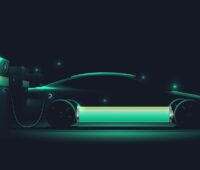 Grafik zeigt Elektro-Auto mit grüner Batterie, Symbol für Batterie-Recycling.