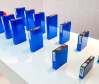 Ein Tisch präsentiert verschiedene Typen von Batteriezellen.
