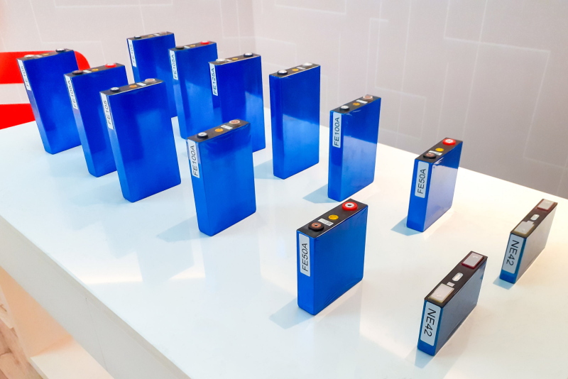 Ein Tisch präsentiert verschiedene Typen von Batteriezellen.