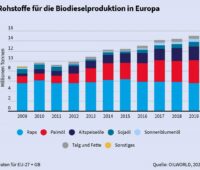 Zu sehen ist ein Balkendiagramm, das die Rohstoffe für Agro-Kraftstoffe in Europa am Beispiel von Biodiesel zeigt.