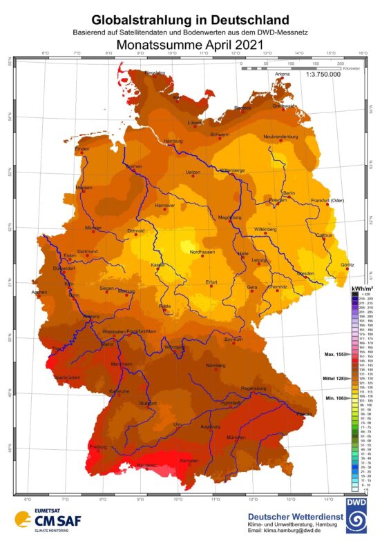 Zu sehen ist eine Karte mit der Sonneneinstrahlung in Deutschland im April 2021.