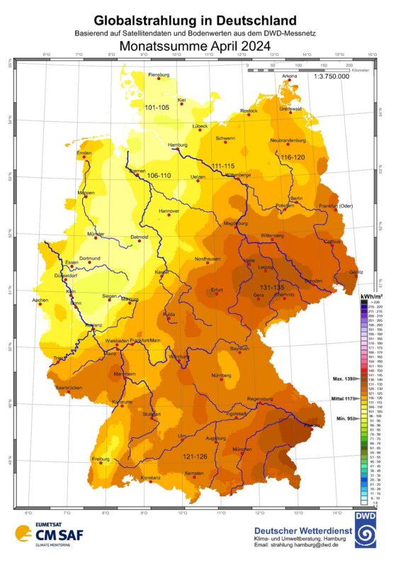Zu sehen ist eine Deutschland-Karte mit der Sonneneinstrahlung in Deutschland im April 2024.