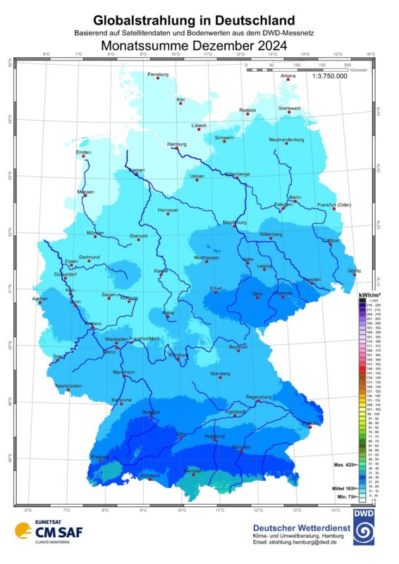 Zu sehen ist eine Deutschland-Karte mit der Sonneneinstrahlung in Deutschland im Dezember 2024.