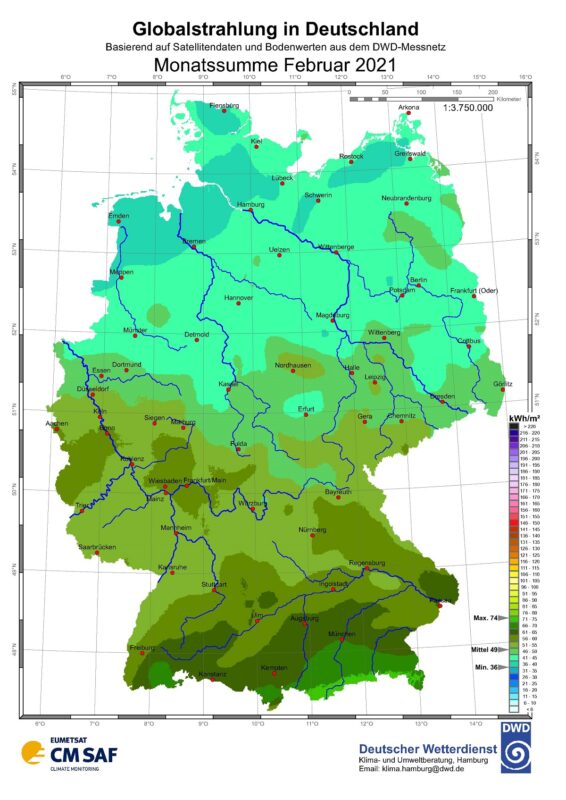 Zu sehen ist eine Karte mit der Sonneneinstrahlung in Deutschland im Februar 2021.
