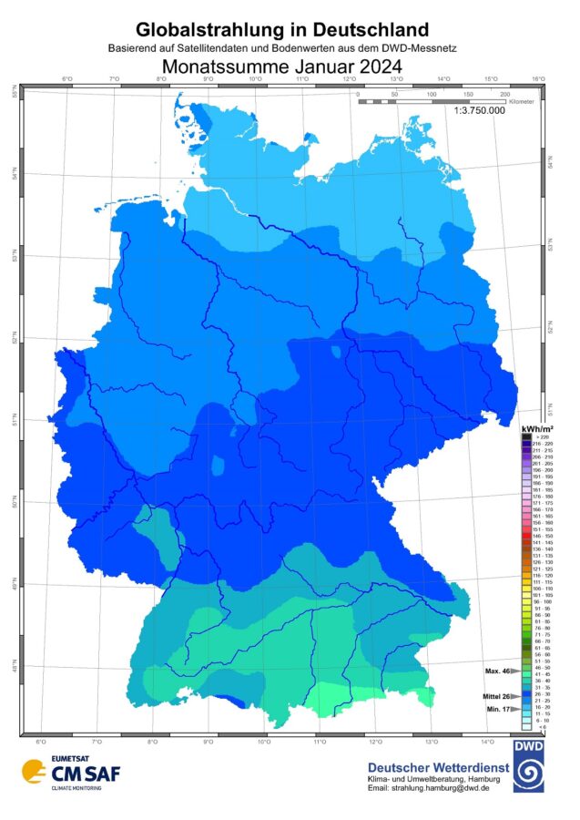 Sonneneinstrahlung in Deutschland im Januar 2024 Solarserver