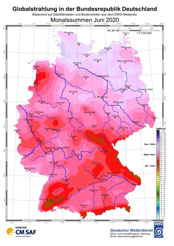 Karte der Sonneneinstrahlung in Deutschland im Juni 2020