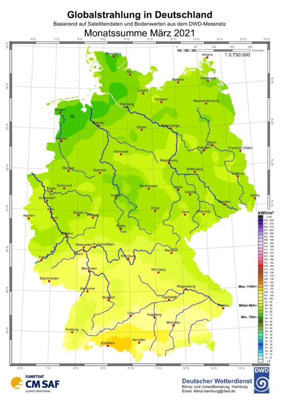 Zu sehen ist eine Karte mit der Sonneneinstrahlung in Deutschland im März 2021.