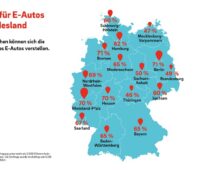 Zu sehen ist eine Deutschlandkarte, die die Zustimmung zur Elektromobilität nach Bundesländern aufschlüsselt.