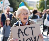 Frau mit Pappschild "Act now" - Symbol für Klimaklage der DUH gegen die Bundesregierung.