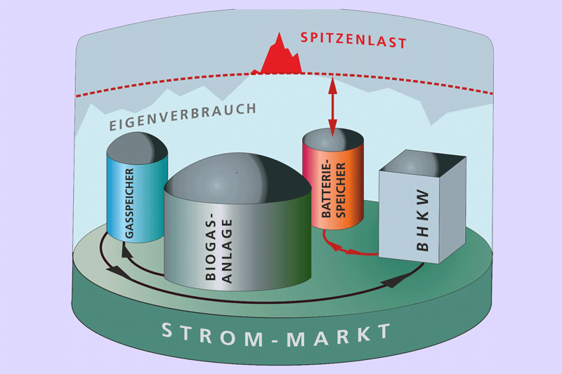 Grafik: Biogas-Anlage mit Wärme- und Stromspeicher