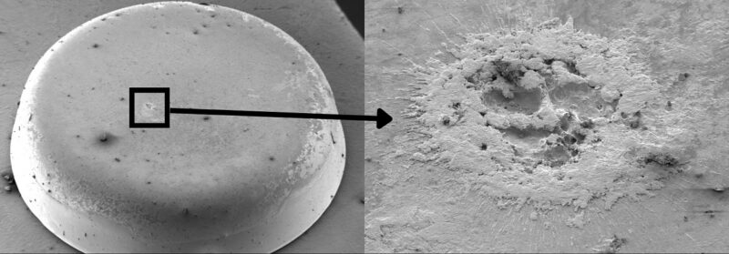 Im Bild eine Rasterelektronenmikroskopische Abbildung eines geschädigten Relais-Kontaktes, das Fraunhofer IMWS hat sich mit der Lebensdauer von Photovoltaik- und Batterie Wechselrichtern beschäftigt.