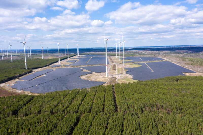 Bild eines Solarparks mit Windenergie, umrahmt von Bäumen