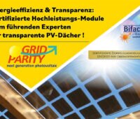 Zu sehen ist ein semitransparenten Doppelglasmodul von GridParity als Überdachung. Test auf gelben Grund: Enegieeffizienz und Transparenz: Zertifizierte Hochleistungsmodule vom führenden Experten für transparente PV-Dächer.