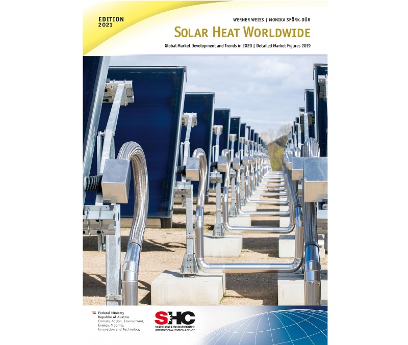 Zu sehen ist das Deckblatt der Solarthermie-Studie Solar Heat Worldwide 2021 der Internationalen Energieagentur.