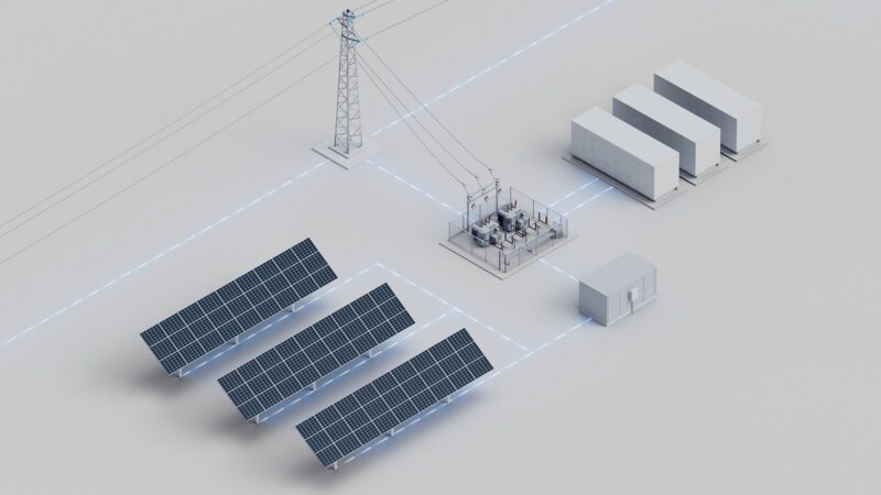 Im Bild eine schematische Darstellung eines Speichers mit PV-Anlage, J&P Batterie Projekte hat 4 GW in der Pipeline.