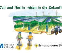 Eine Zeichnung zeigt zwei Mädchen auf Fahrrädern, im Hintergrund eine Agri-PV-Anlage.