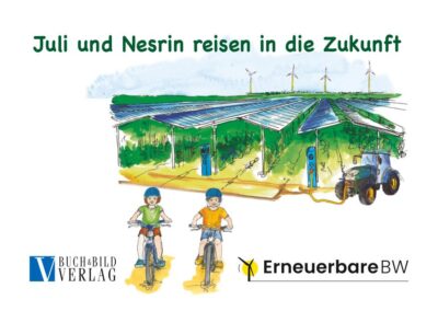 Eine Zeichnung zeigt zwei Mädchen auf Fahrrädern, im Hintergrund eine Agri-PV-Anlage.