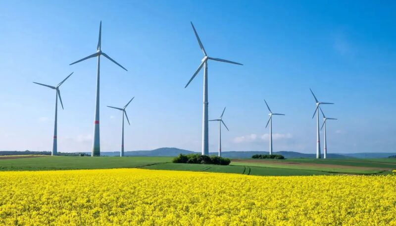 Im Bild ein Windpark an Land in gelben Rapsfeldern.