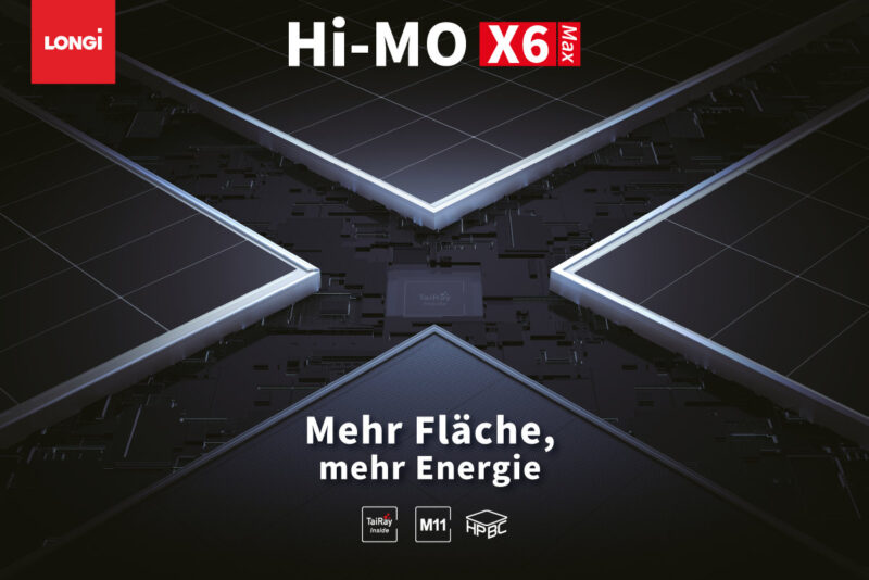 Text:Longi Hi-MO X6Max: Mehr Fläche, mehr Energie. Zu sehen sind unterschiedliche Longi-Module auf schwarzem Untergrund.