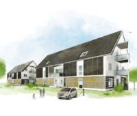 Eine Illustration mit solar gedeckten Mehrfamilienhäusern, einer Familie udn einer solaren Ladestation.