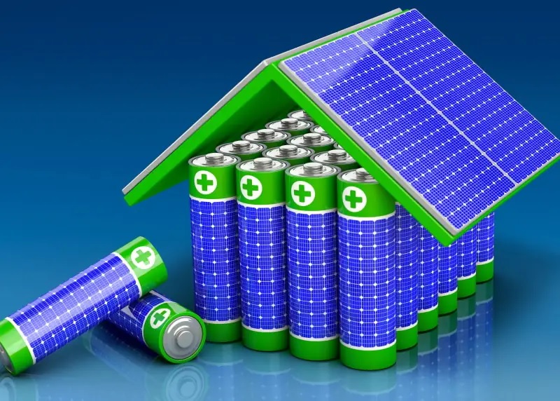 Im Bild ein Haus zusammengesetzt aus Batterien, die mit Solarzellen belegt sind als Symbol für die Memodo Energy Storage Days 2023.