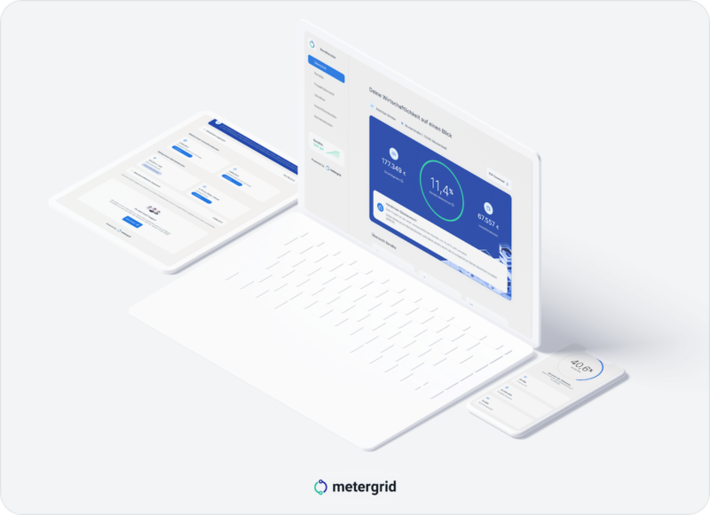 Grafik zeigt Laptop, Tablet und Smartphone, die eine Darstellung der Wirtschaftlichkeitsberechnung für Mieterstrom auf dem Bildschirm haben.