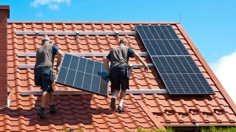 Im Bild zwei Männer, die ein PV-Modul auf ein Dach tragen, Online-Shop Selfio bietet Photovoltaik für Heimwerker:innen an.