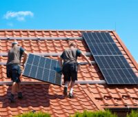 Zwei Männer tragen Photovoltaik-Modul auf Dach