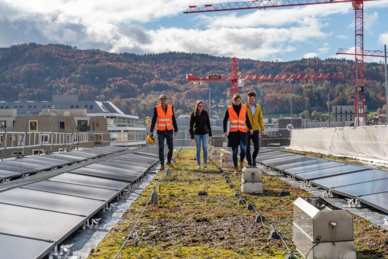 Photovoltaik-Anlage auf grünem Dach, zwischen den Modulreihen Menschen, im Hingergrund Hügel mit Wald