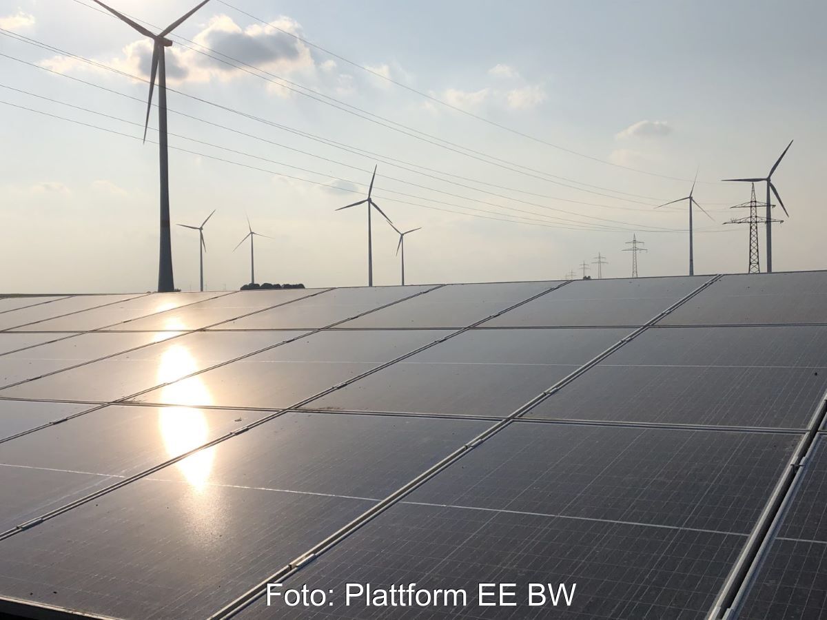 Photovoltaik mit refelktiernder Sonne im Vordergrund, dahinter Windkraftanlagen.