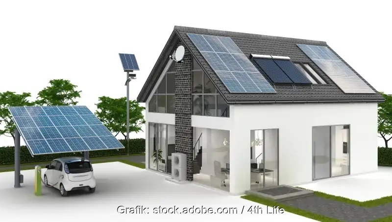 Im Bild ein Haus mit PV, Wärmepumpe und E-Auto, die Prosumer-App von Vattenfall soll die Energie managen.