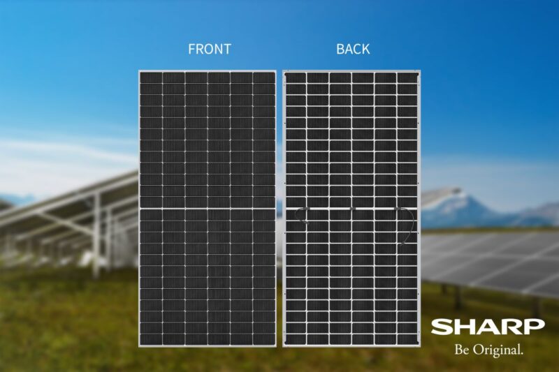 Produktfoto zeigt Vorder- und Rückseite eines neuen Solarmoduls von Sharp.
