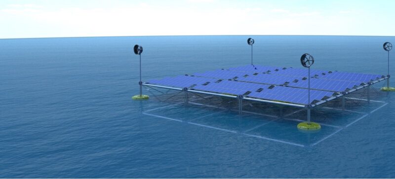 Das Bild zeigt die schwimmende Plattform, die ein Wellkraftwerk mit Photovoltaik und Wind kombiniert.