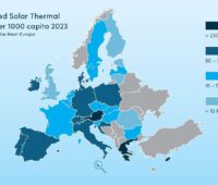 Im Bild eine Europakarte von Solar Heat Europe mit der installierten Solarthermie-Leistung pro Kopf in den europäischen Staaten.