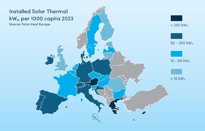 Im Bild eine Europakarte von Solar Heat Europe mit der installierten Solarthermie-Leistung pro Kopf in den europäischen Staaten.