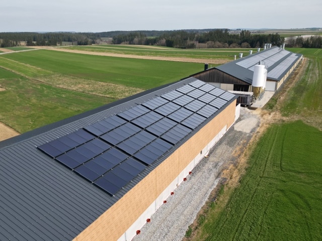 langes, flaches Gebäude mit Solarthermie-Kollektoren auf dem Dach - ein Hühnermast-Betrieb