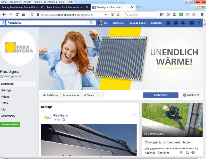 ZU sehen ist die facebook-Seite der Solarthermie Firma Paradigma