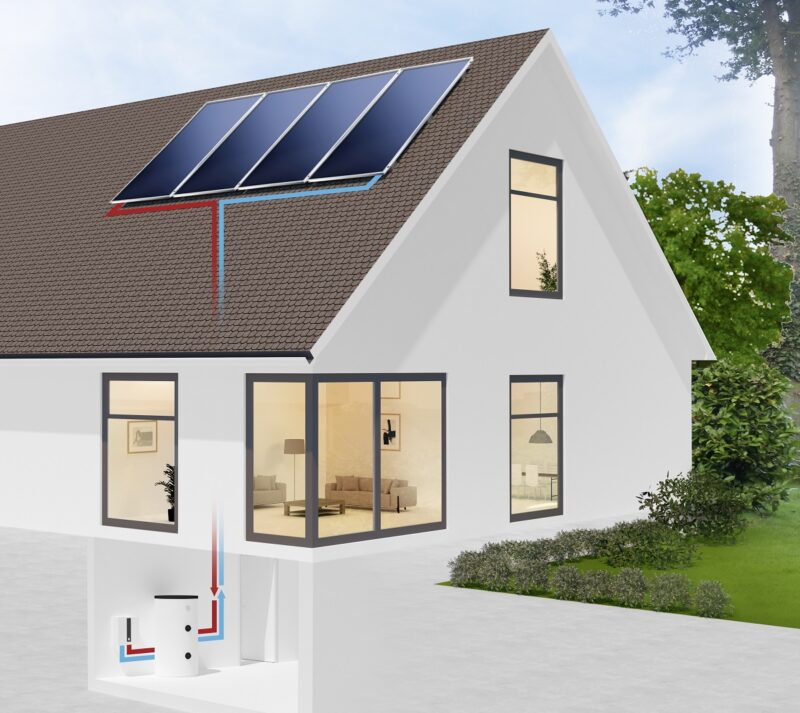 Zu sehen ist ein Haus mit Solaranlage. Das Solarsysteme im Komplettpaket verfügt über Kollektoren mit Wärmeleittechnologie
